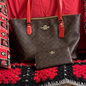Coach Signature Brown and Red Tote Bag and matching  loved like new wallet